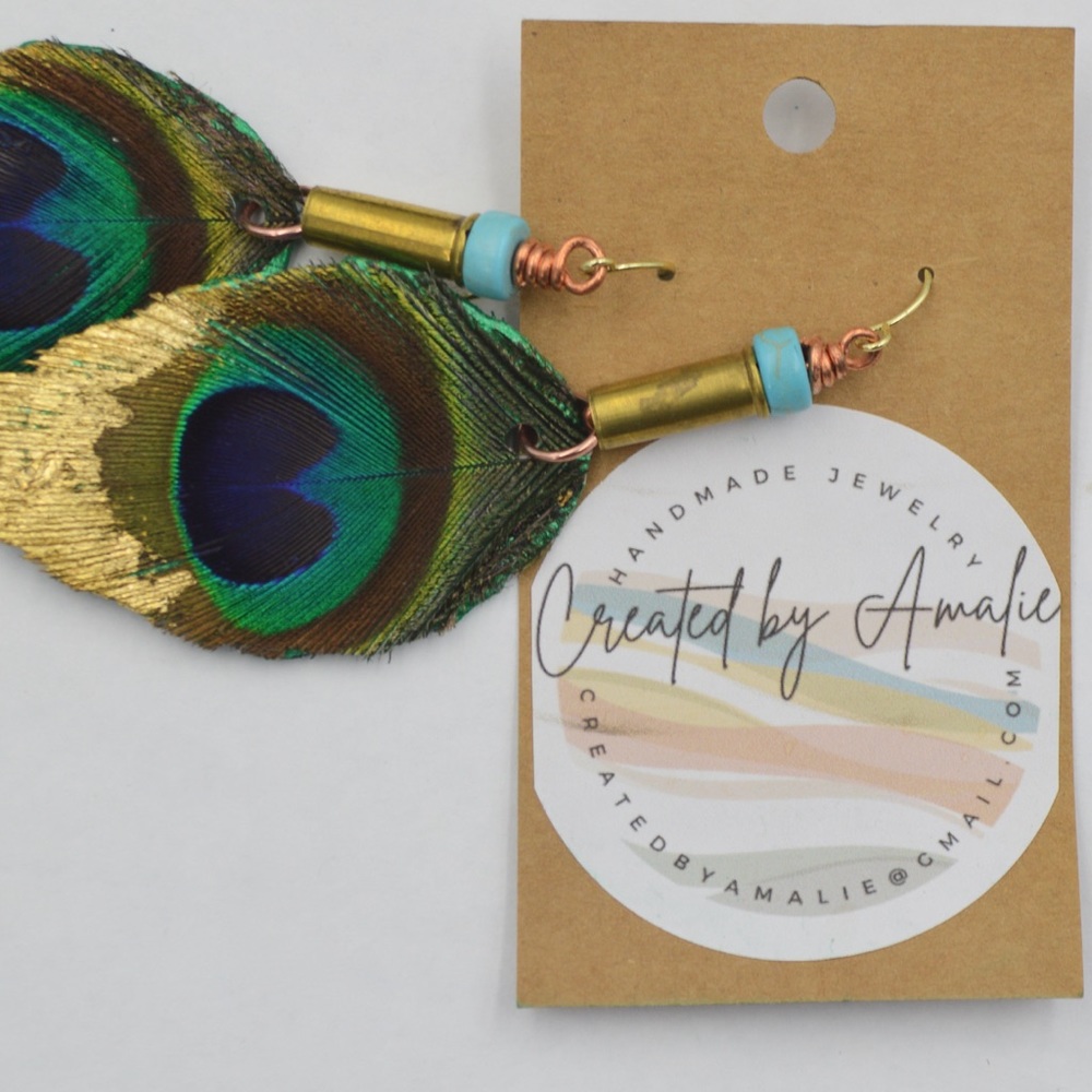 Hand Made Peacock Feather and Leather Earrings - Picture 5 of 6
